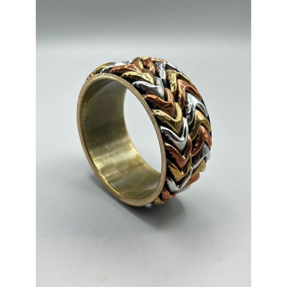 Mixed Metal Brass Copper Silver Tone Chevron Design Chunky Wide Bangle Bracelet - Picture 5 of 11